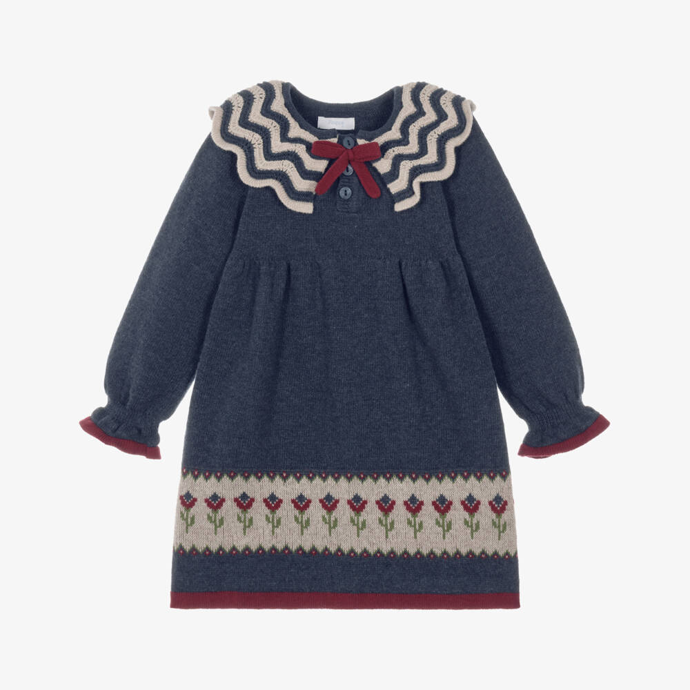 Foque-Girls Blue & Beige Flower Knit Dress | Childrensalon