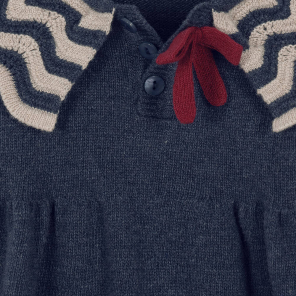 Foque-Girls Blue & Beige Flower Knit Dress | Childrensalon