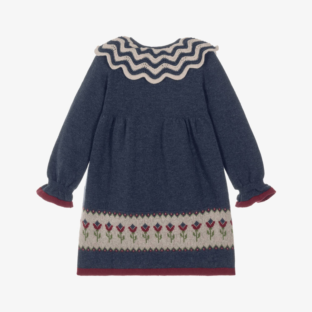 Foque-Girls Blue & Beige Flower Knit Dress | Childrensalon