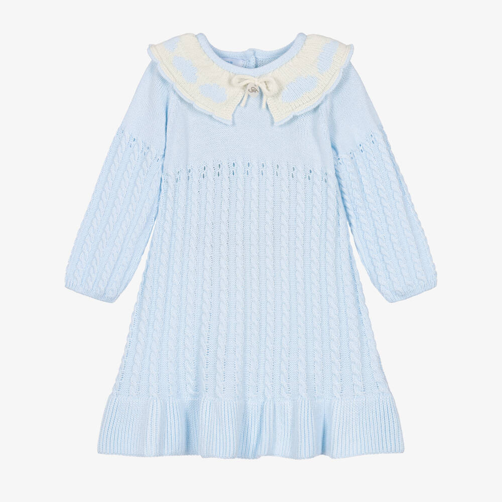 Foque-Girls Blue Cable Knit Ruffle Hem Dress | Childrensalon