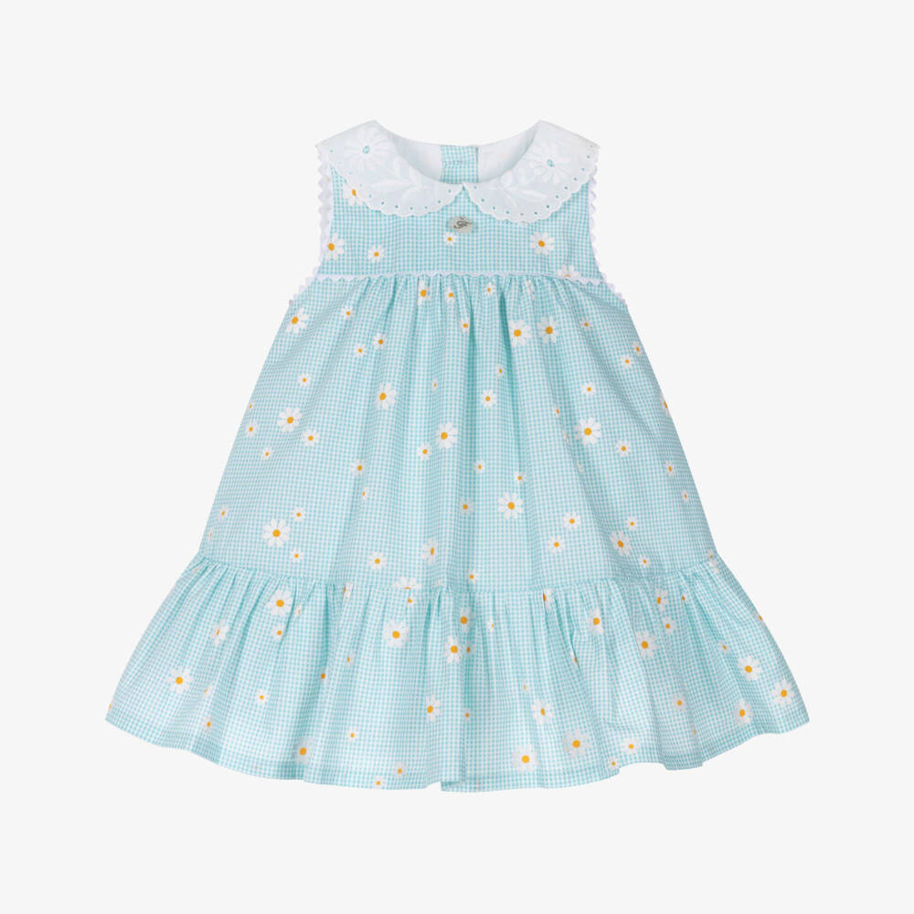 Foque-Girls Blue Gingham Check & Daisy Print Dress | Childrensalon