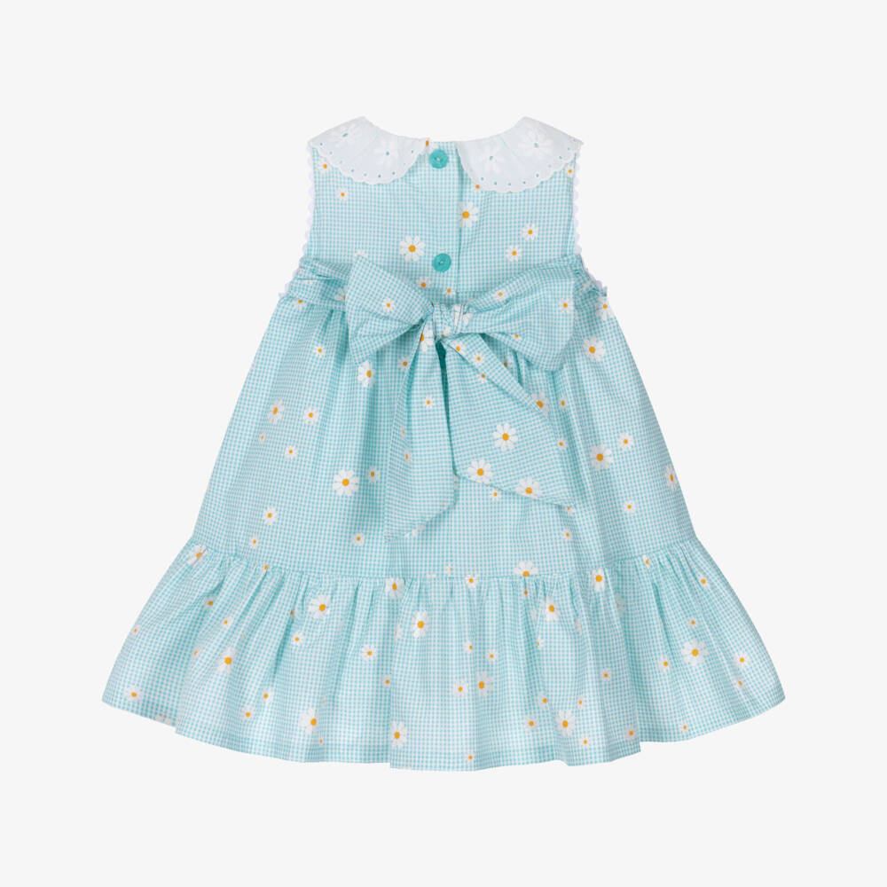 Foque-فستان بطبعة مربعات وزهور أقحوان لون أزرق للبنات | Childrensalon
