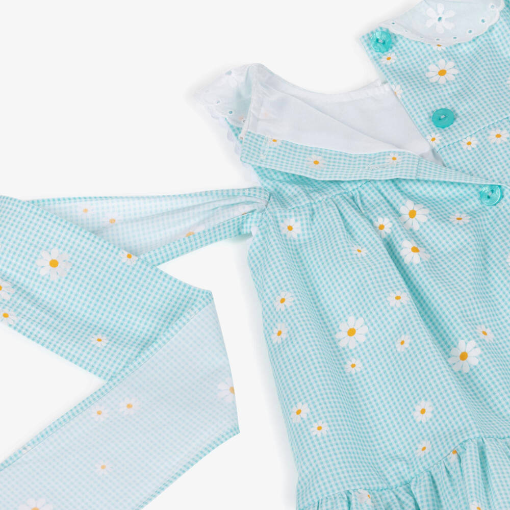 Foque-فستان بطبعة مربعات وزهور أقحوان لون أزرق للبنات | Childrensalon