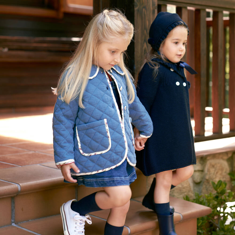 Foque-Girls Blue Quilted Jacket with Floral Trim | Childrensalon