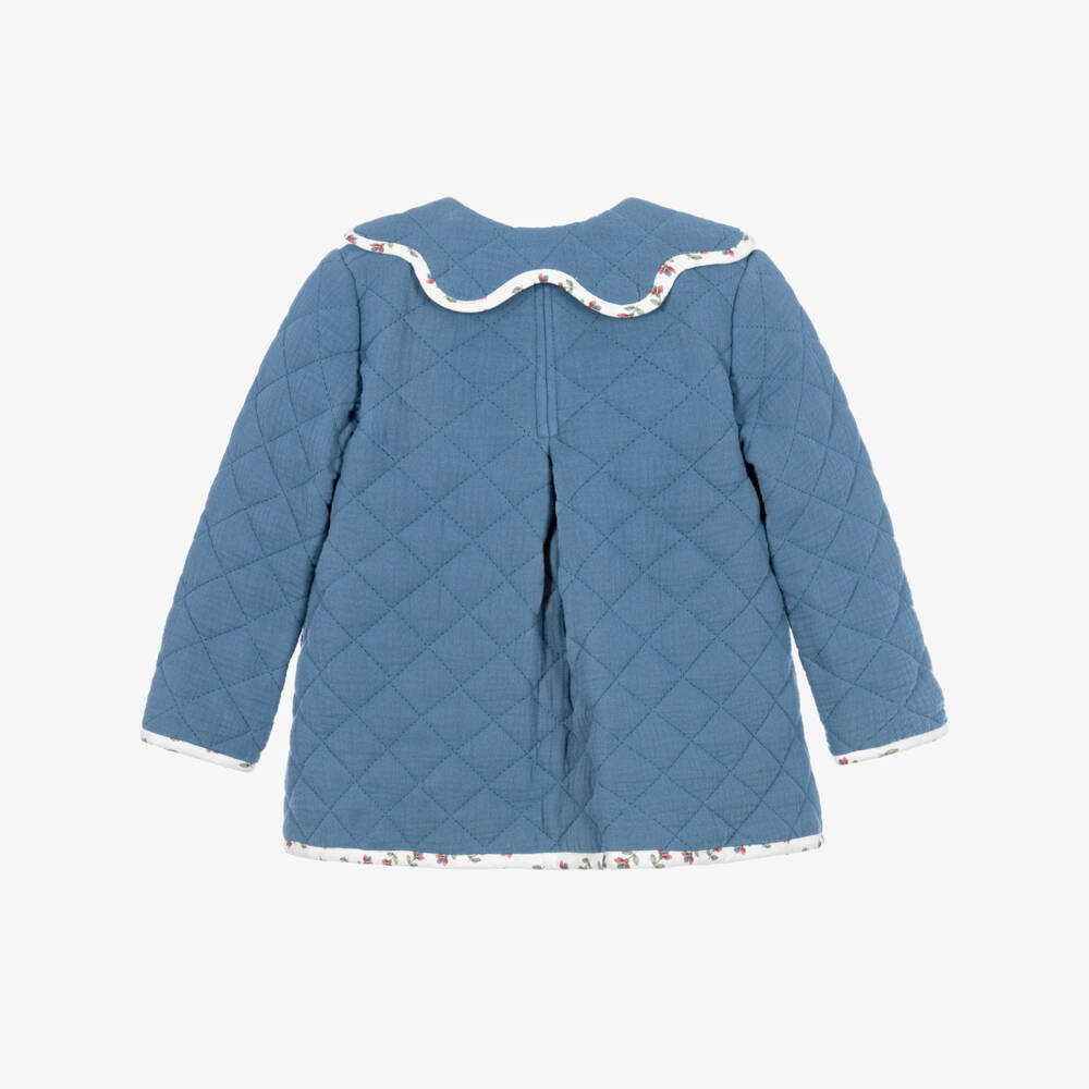 Foque-Girls Blue Quilted Jacket with Floral Trim | Childrensalon