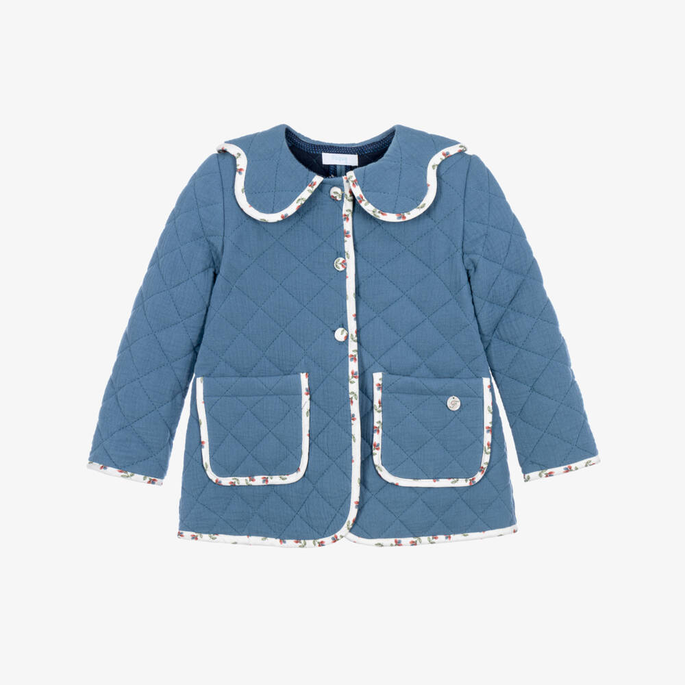 Foque-Girls Blue Quilted Jacket with Floral Trim | Childrensalon
