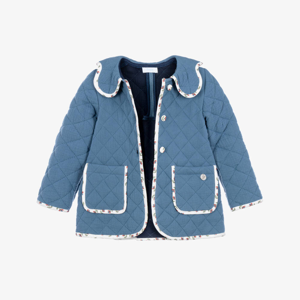 Foque-Girls Blue Quilted Jacket with Floral Trim | Childrensalon