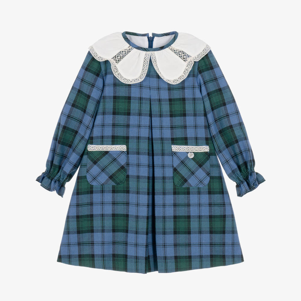 Foque-Girls Blue Tartan Check Dress with Lace Trim Collar | Childrensalon