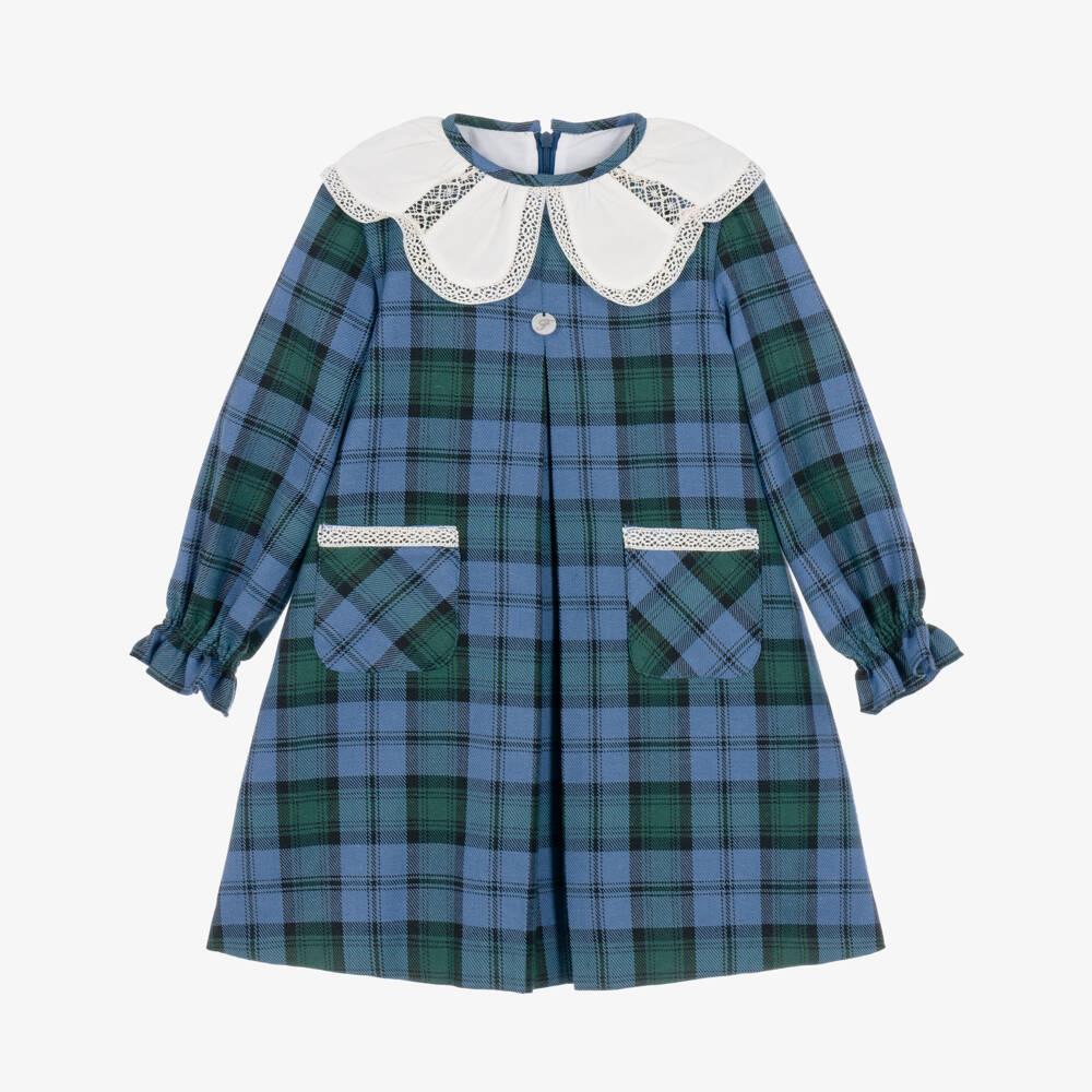 Foque-Girls Blue Tartan Check Dress with Lace Trim Collar | Childrensalon