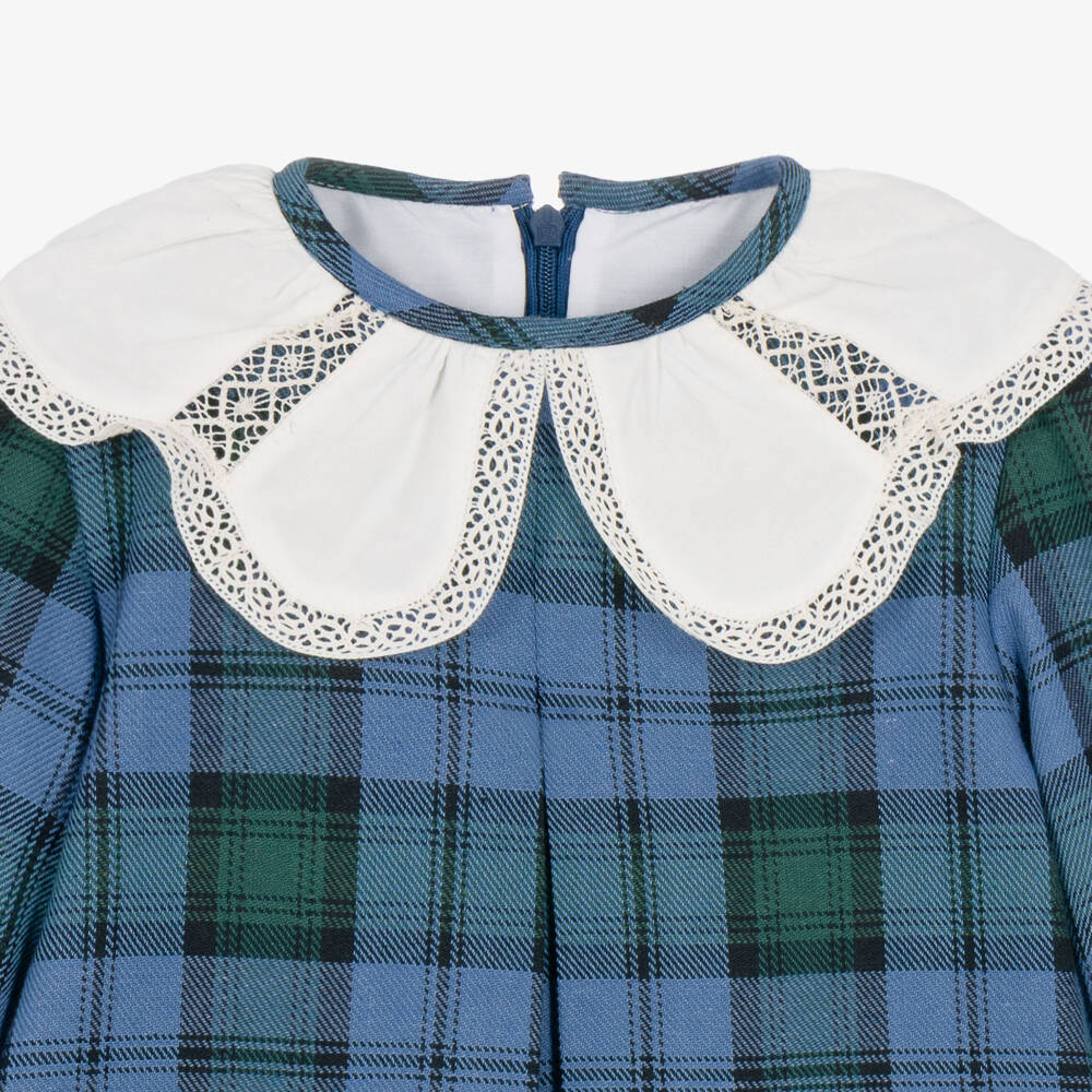 Foque-Girls Blue Tartan Check Dress with Lace Trim Collar | Childrensalon