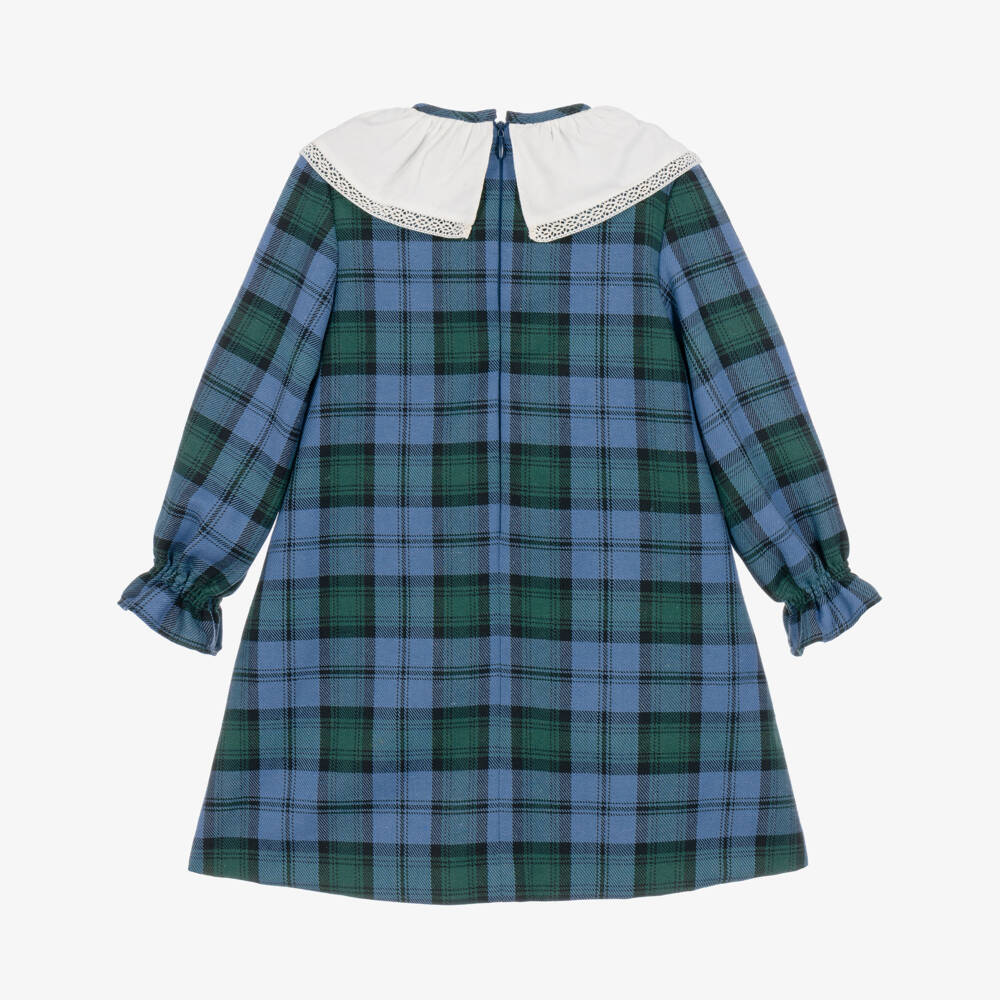 Foque-Girls Blue Tartan Check Dress with Lace Trim Collar | Childrensalon
