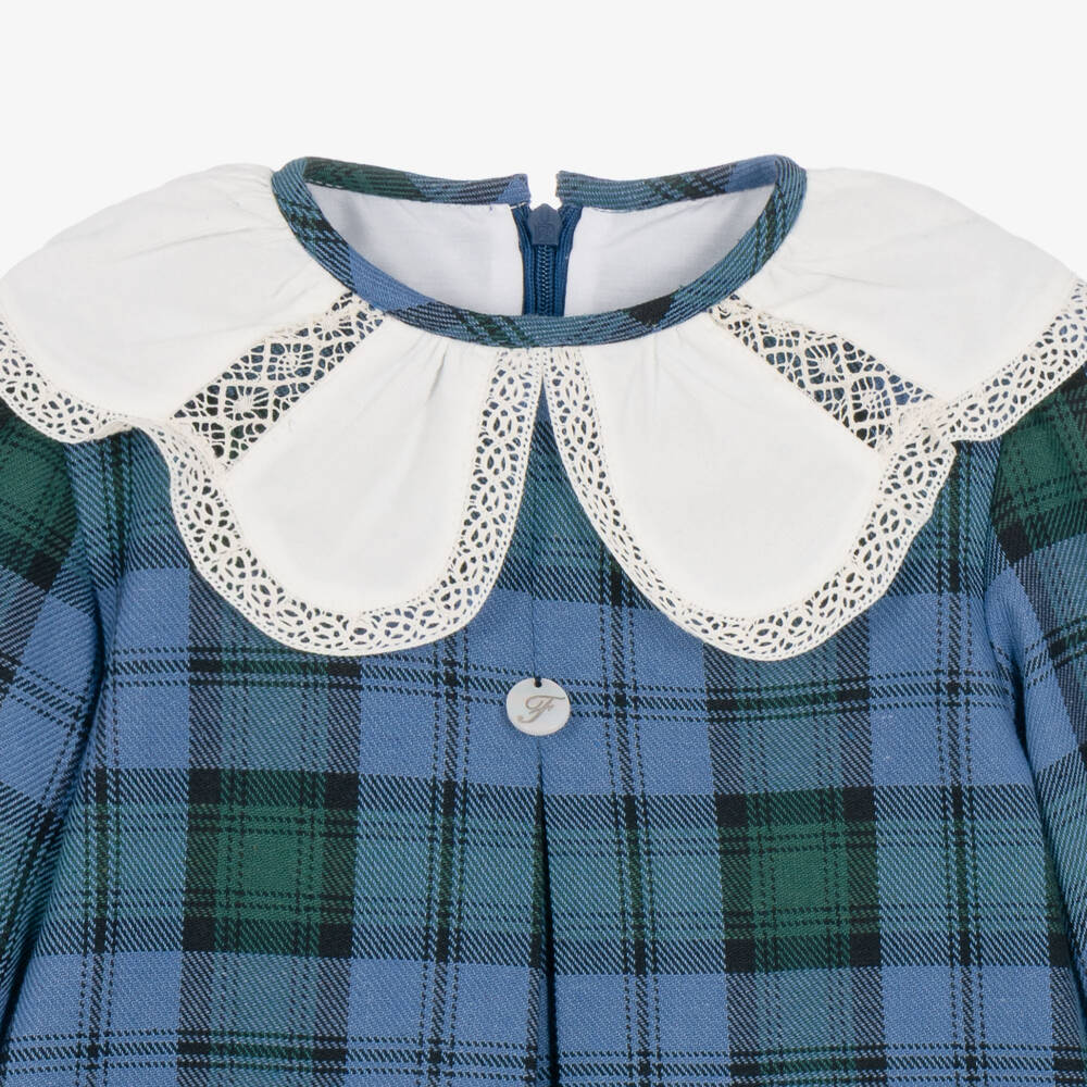 Foque-Girls Blue Tartan Check Dress with Lace Trim Collar | Childrensalon