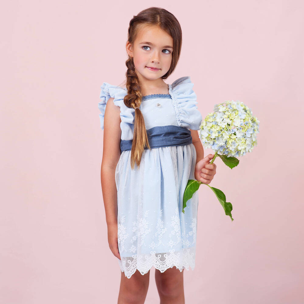 Foque-Girls Blue Tulle Lace Dress | Childrensalon