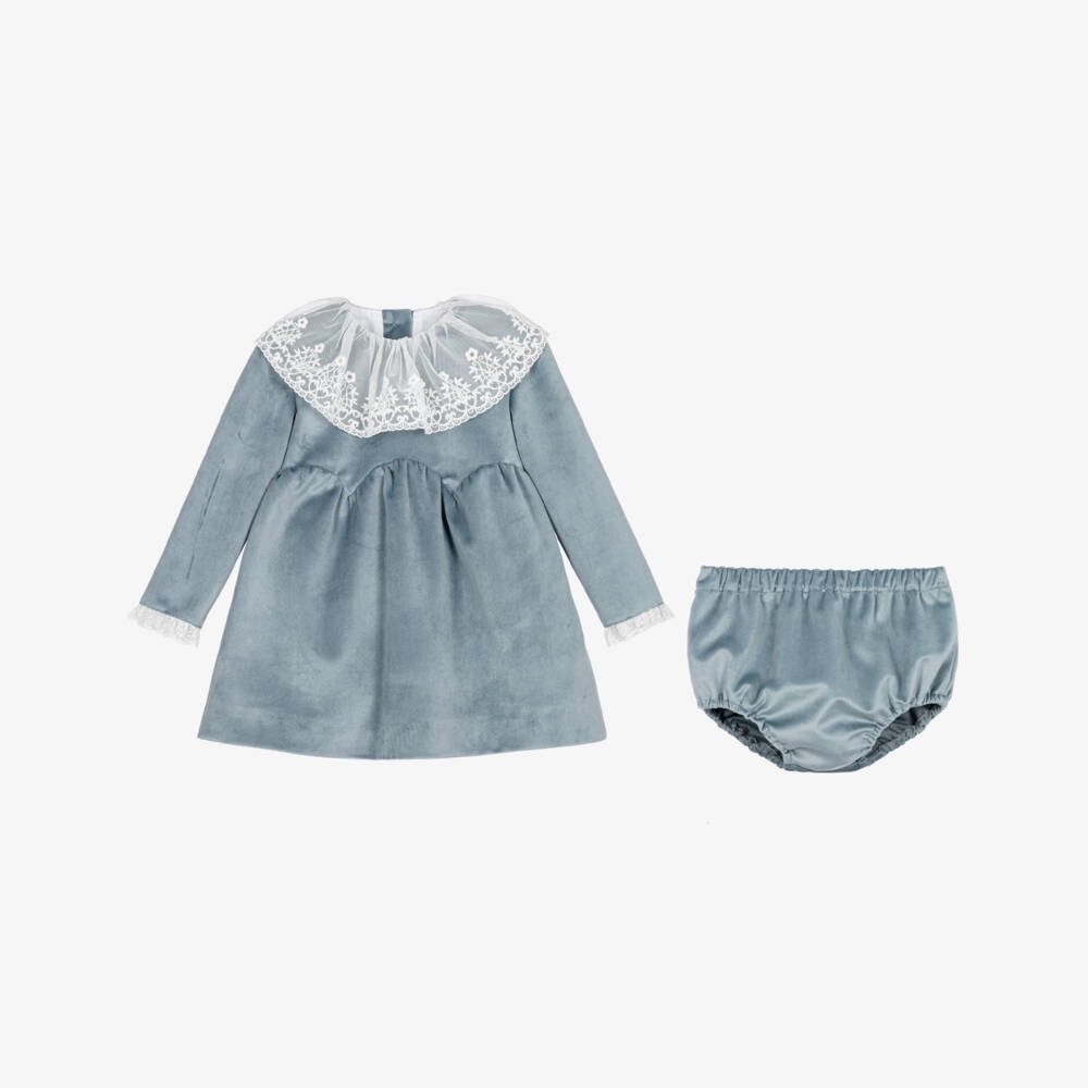 Foque-Girls Blue Velvet Lace Collared Dress | Childrensalon