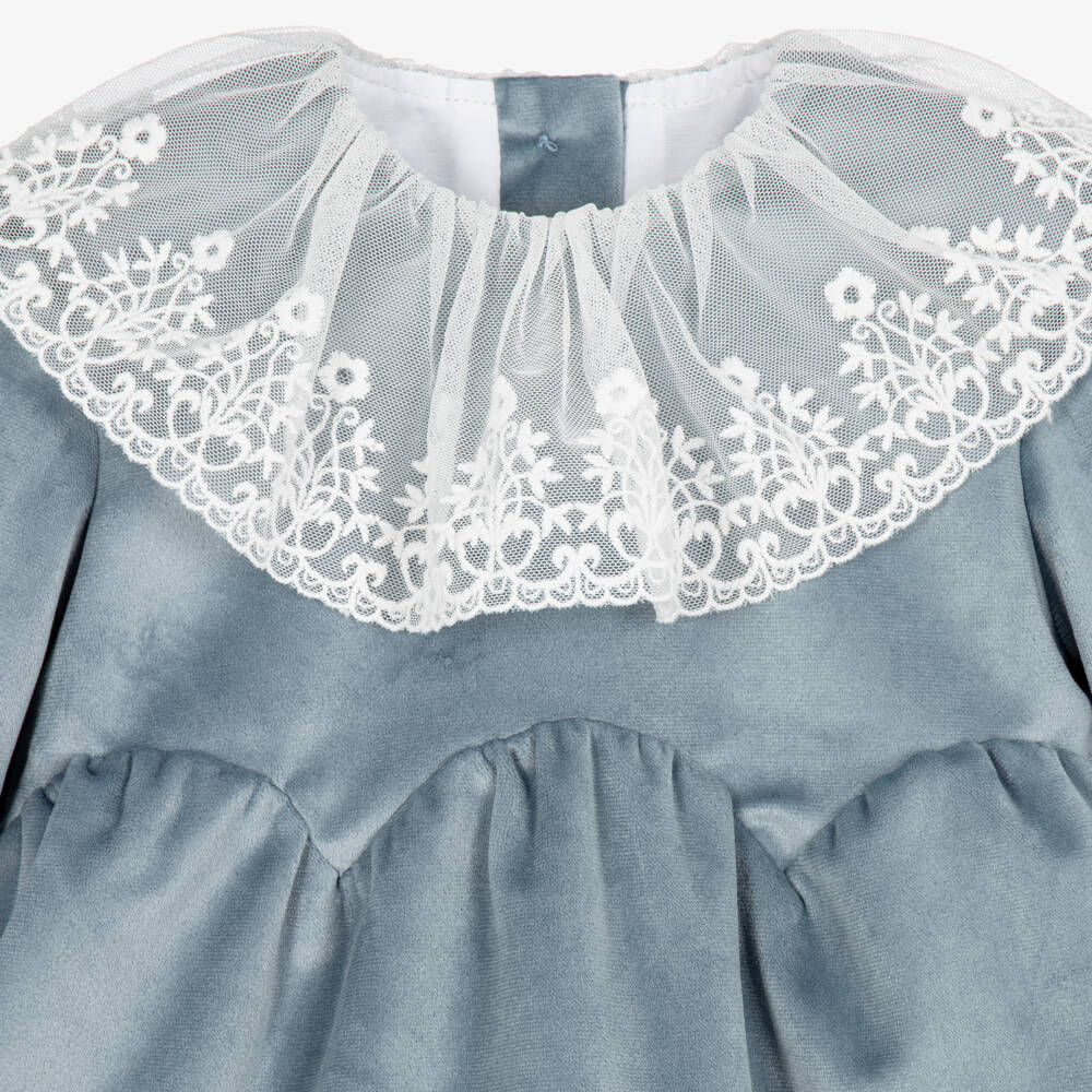 Foque-Girls Blue Velvet Lace Collared Dress | Childrensalon