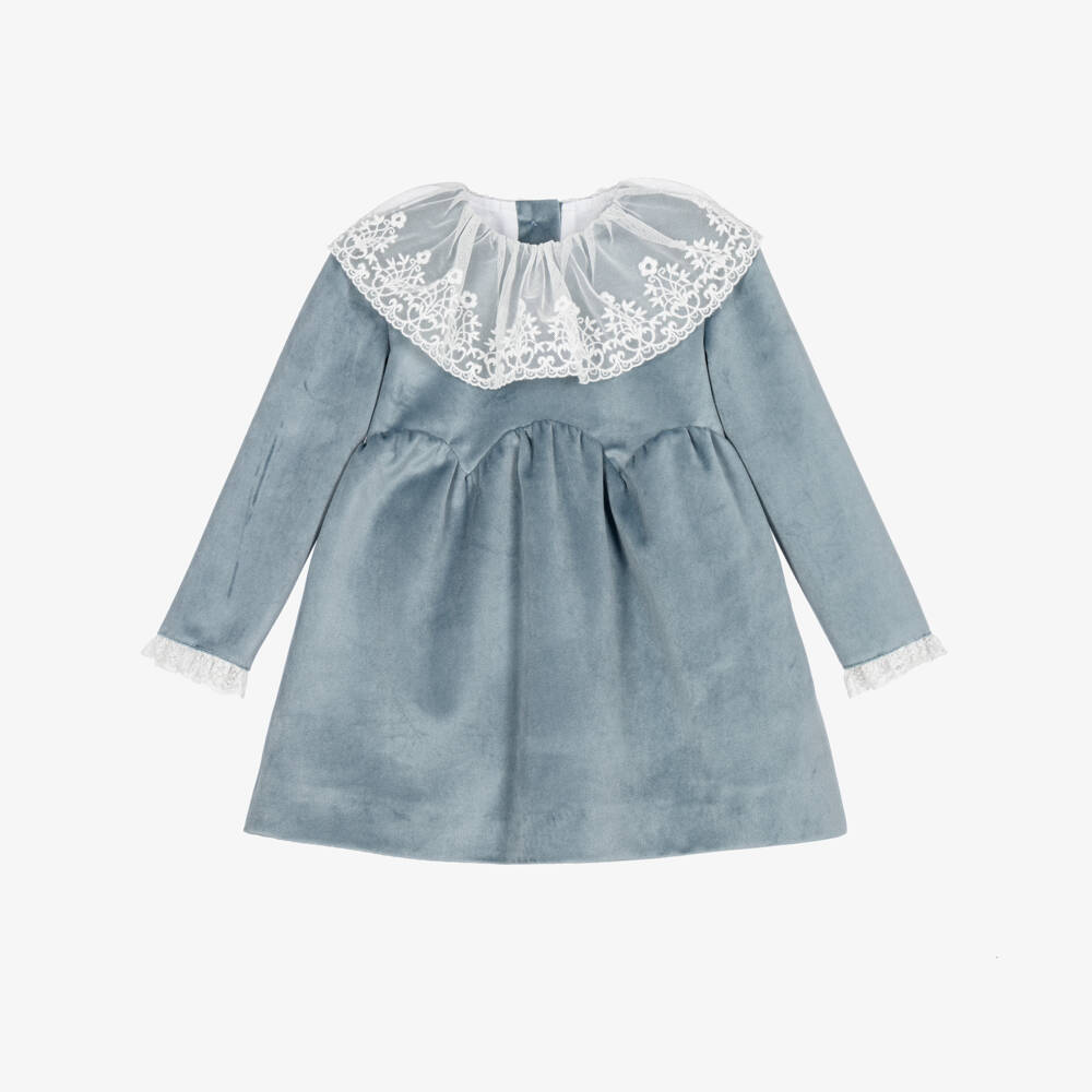 Foque-Girls Blue Velvet Lace Collared Dress | Childrensalon