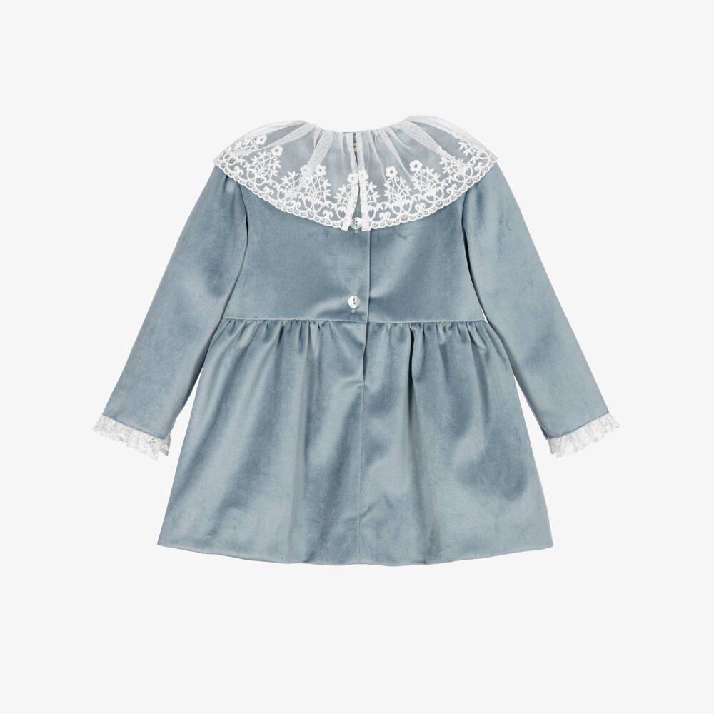 Foque-Girls Blue Velvet Lace Collared Dress | Childrensalon