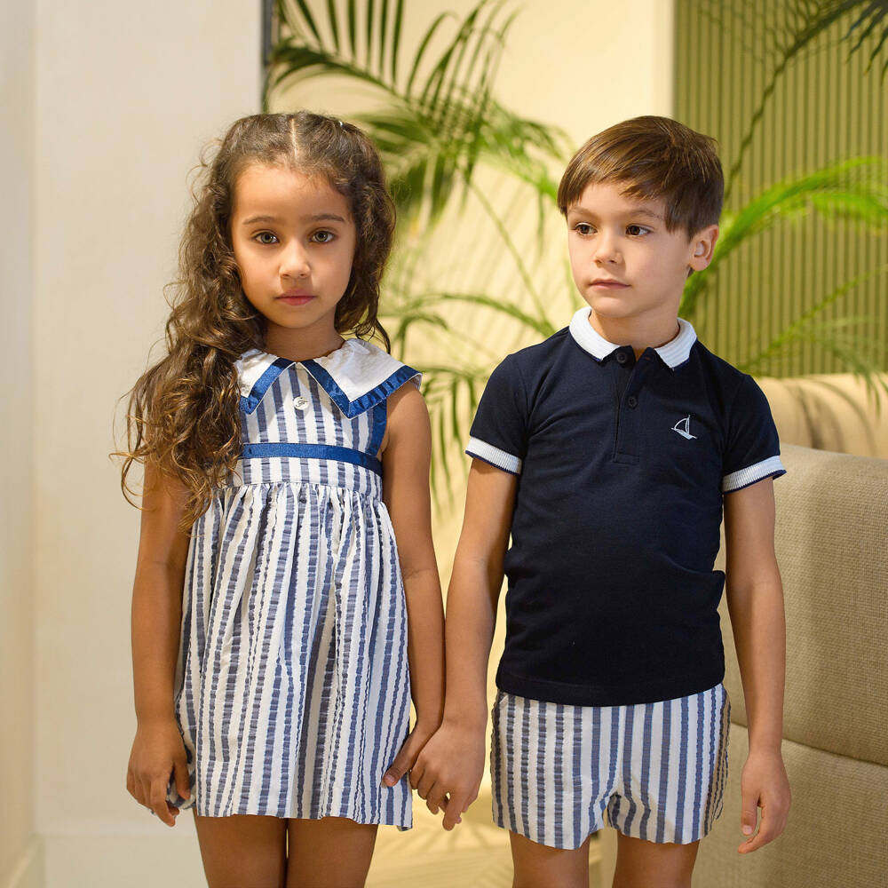 Foque-فستان بياقة بحرية مخطط لون أبيض وأزرق للبنات | Childrensalon