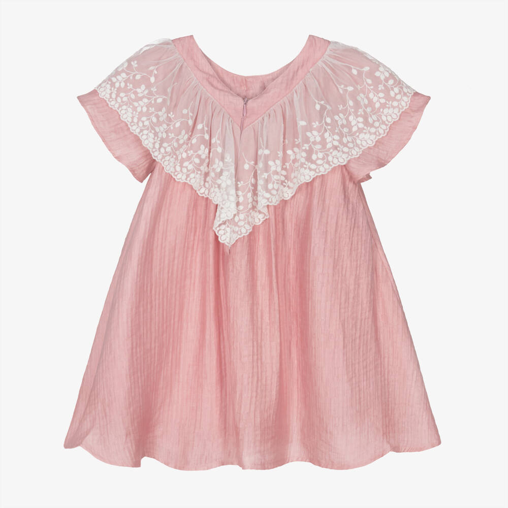 Foque-Girls Blush Pink Dress with Lace Flutter Sleeves | Childrensalon