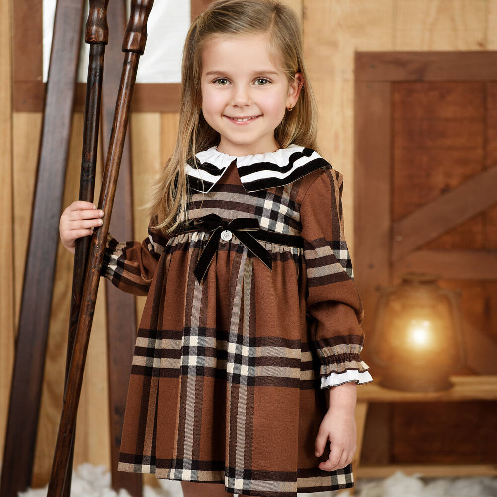Foque-Girls Brown Check Dress with Contrast Collar | Childrensalon