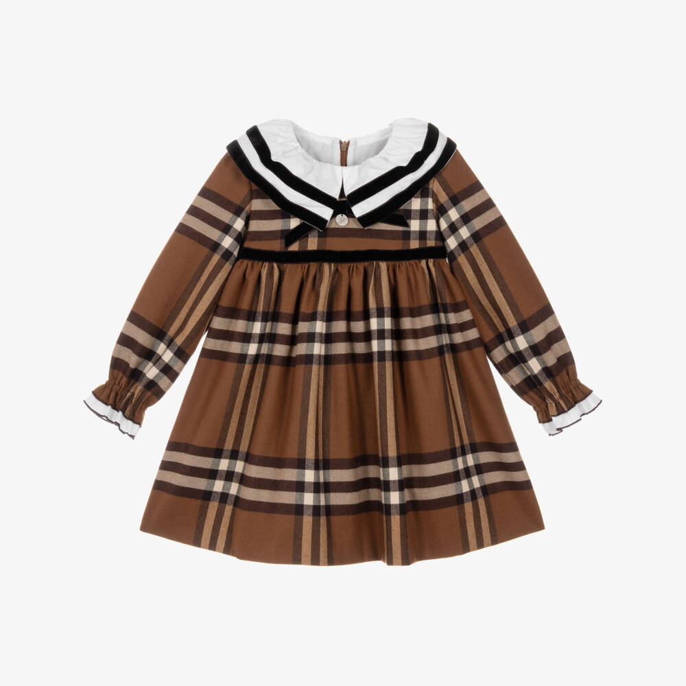 Foque-Girls Brown Check Dress with Contrast Collar | Childrensalon
