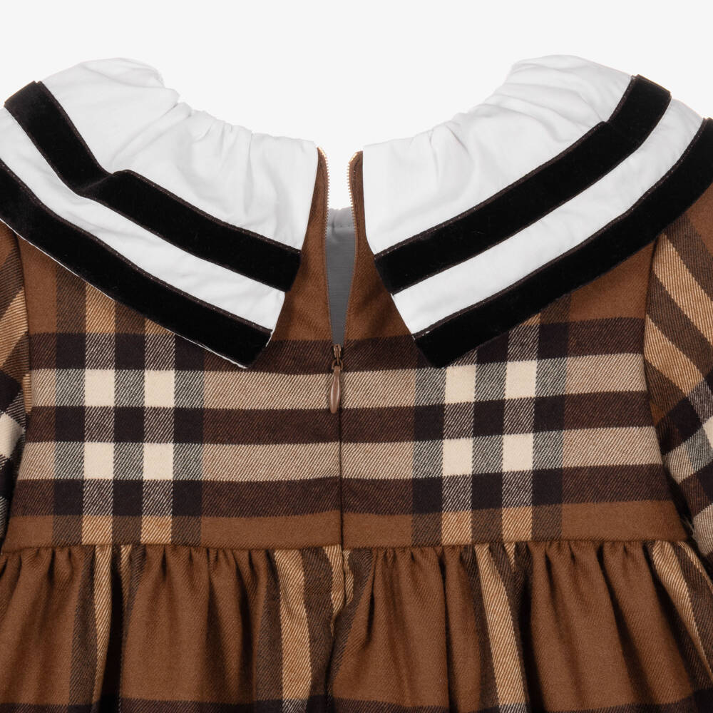 Foque-Girls Brown Check Dress with Contrast Collar | Childrensalon