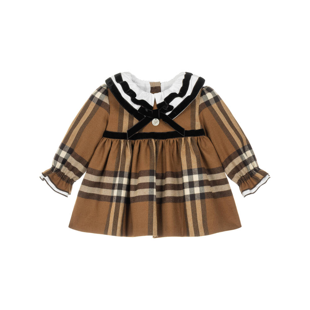 Foque-Girls Brown Check Dress with Contrast Collar | Childrensalon