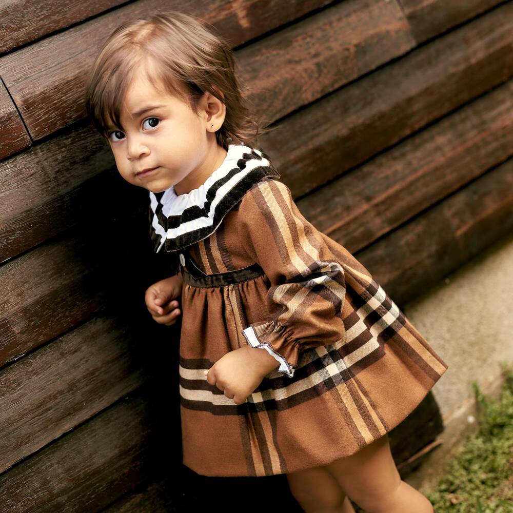 Foque-Girls Brown Check Dress with Contrast Collar | Childrensalon