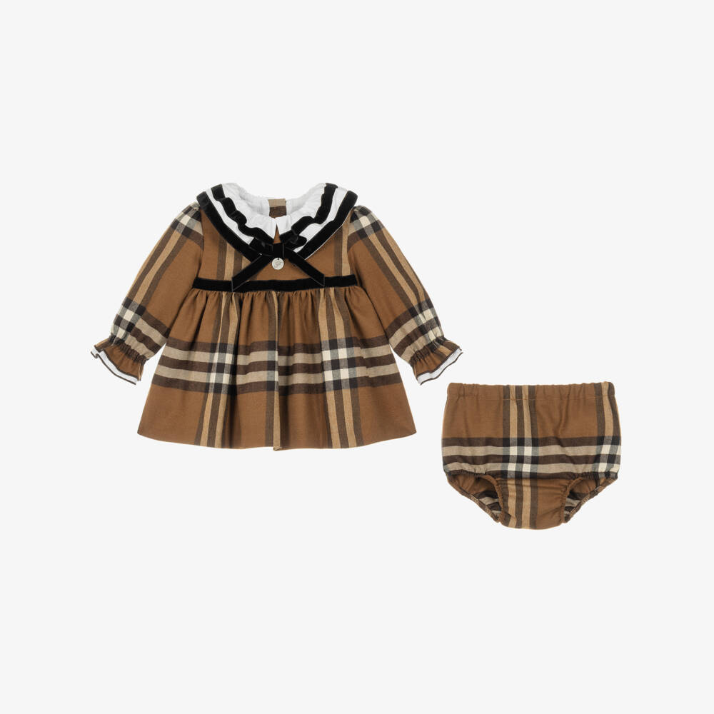 Foque-Girls Brown Check Dress with Contrast Collar | Childrensalon
