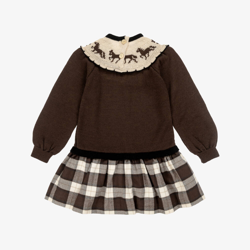 Foque-Girls Brown Wool & Cotton Knit Pony Dress | Childrensalon