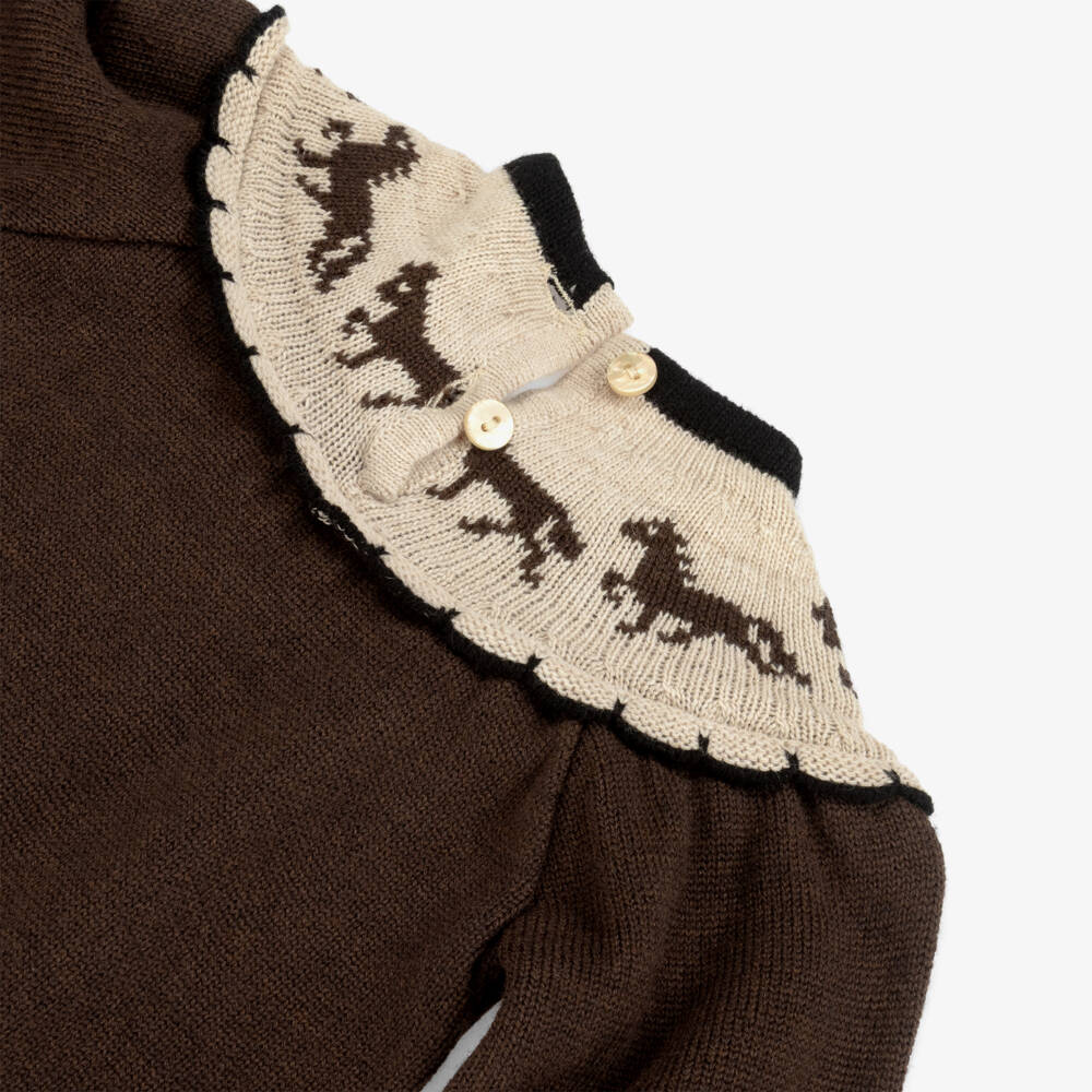 Foque-Girls Brown Wool & Cotton Knit Pony Dress | Childrensalon