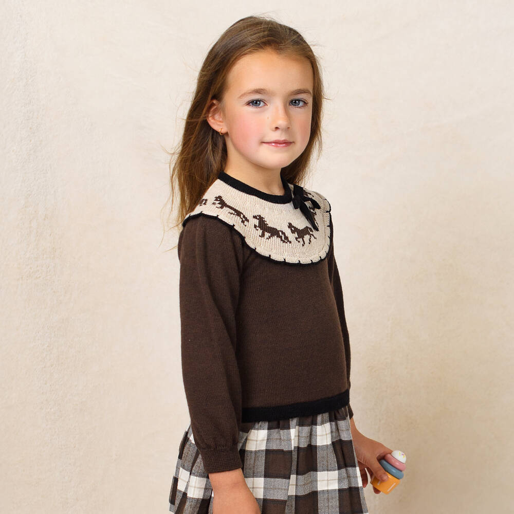 Foque-Girls Brown Wool & Cotton Knit Pony Dress | Childrensalon