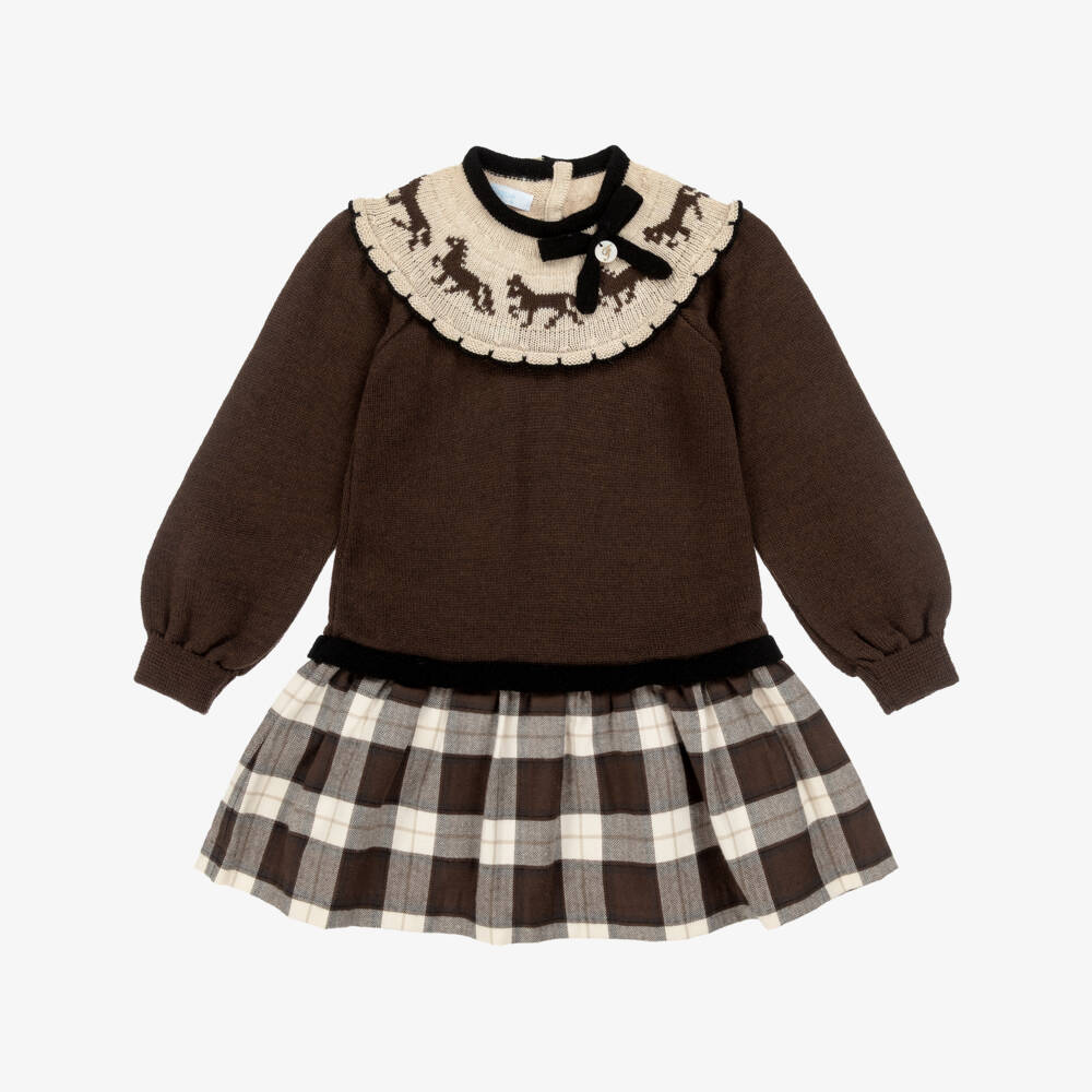 Foque-Girls Brown Wool & Cotton Knit Pony Dress | Childrensalon