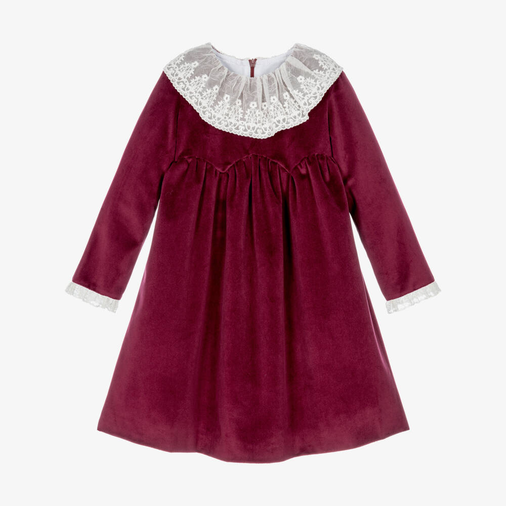 Foque-Girls Burgundy Velvet Dress with Lace Collar  | Childrensalon