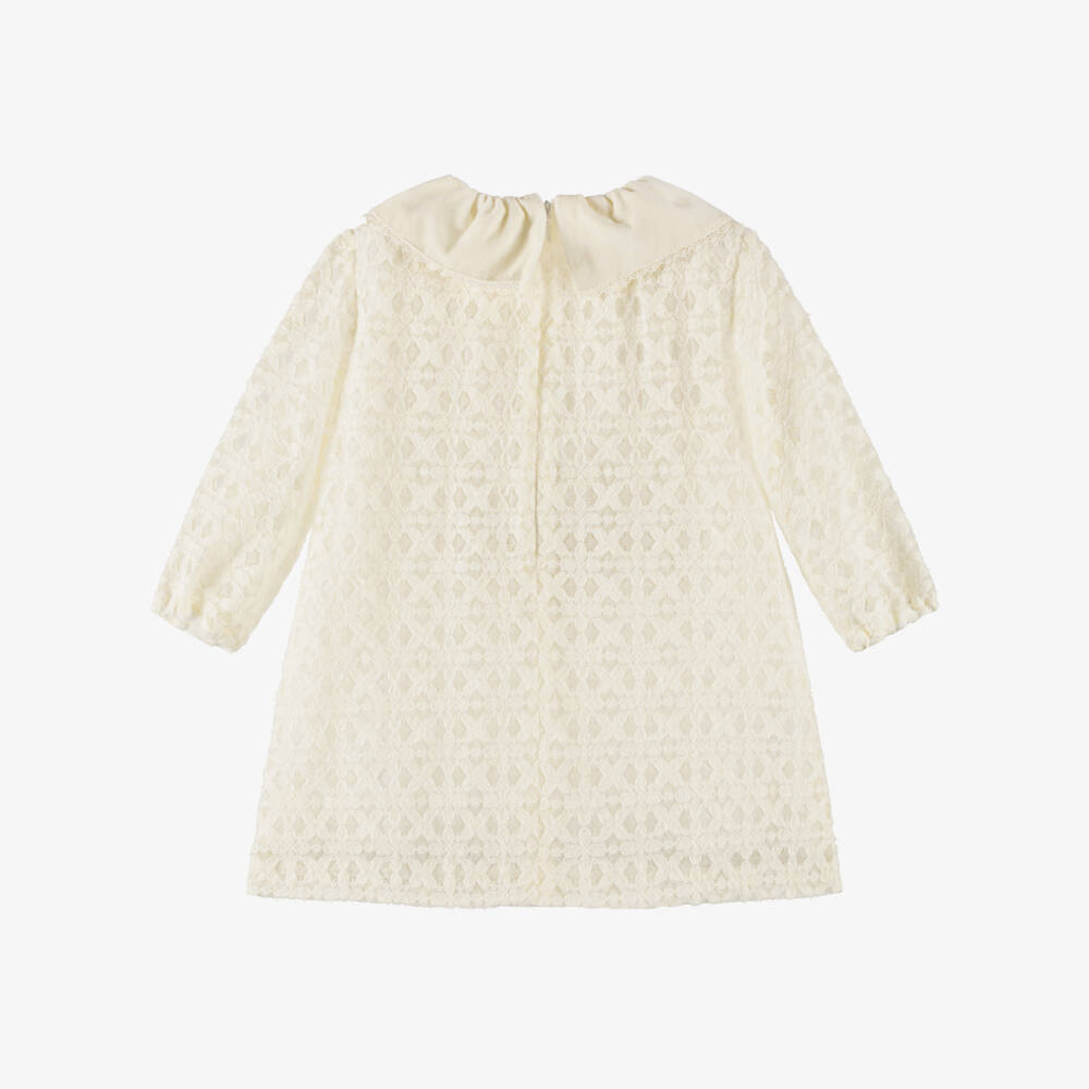 Foque-Girls Cream Floral Lace Jersey Dress with Grosgrain Bow | Childrensalon