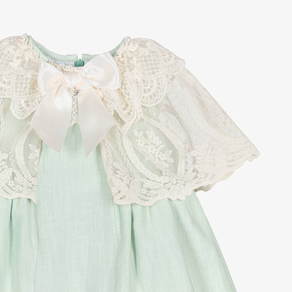 Foque-فستان بياقة كيب لون أخضر وعاجي للبنات | Childrensalon