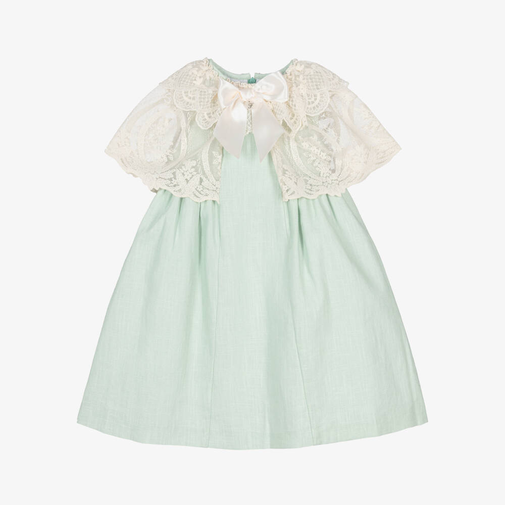 Foque-Girls Green & Ivory Cape Collar Dress | Childrensalon