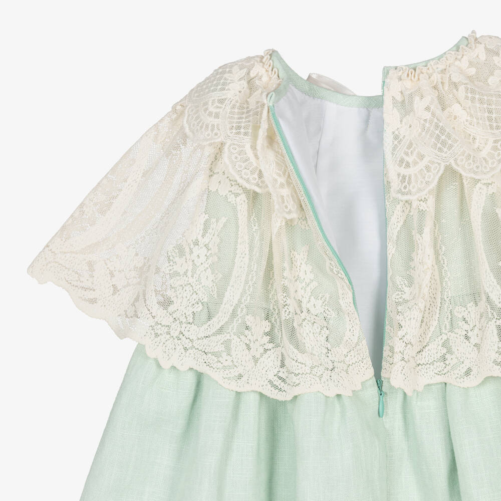 Foque-فستان بياقة كيب لون أخضر وعاجي للبنات | Childrensalon