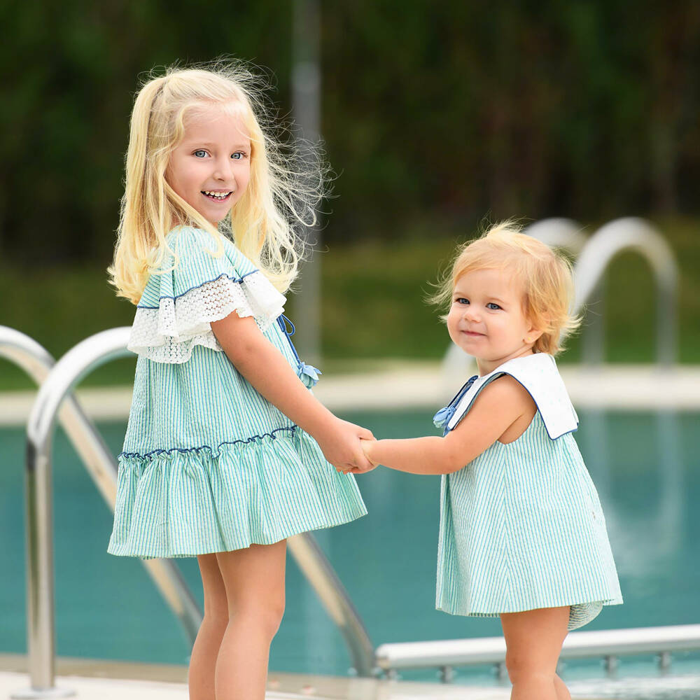 Foque-Girls Green Striped Flutter Sleeve Dress | Childrensalon