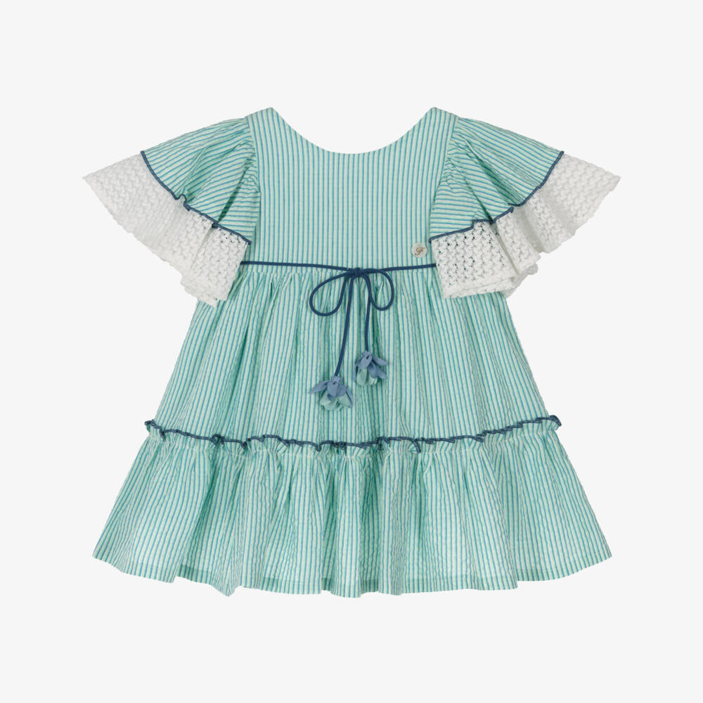 Foque-Girls Green Striped Flutter Sleeve Dress | Childrensalon