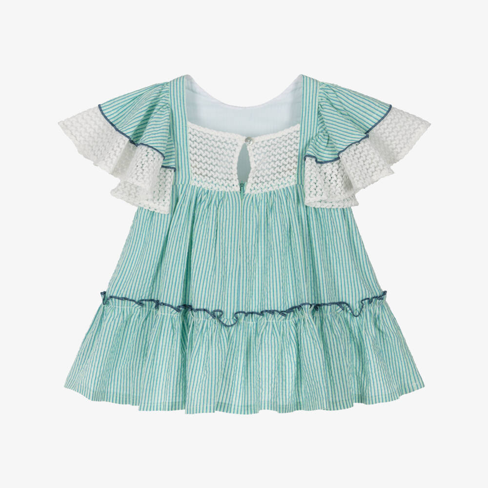 Foque-Girls Green Striped Flutter Sleeve Dress | Childrensalon