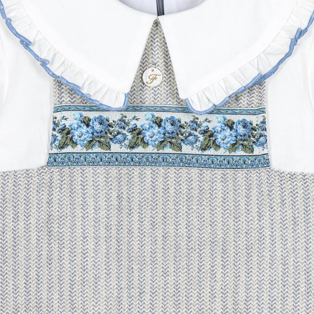 Foque-Girls Grey & Blue Herringbone Cotton Dress | Childrensalon