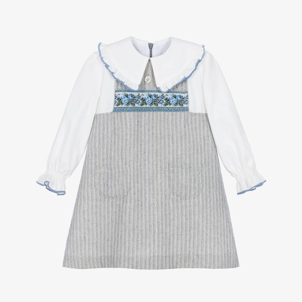Foque-Girls Grey & Blue Herringbone Cotton Dress | Childrensalon