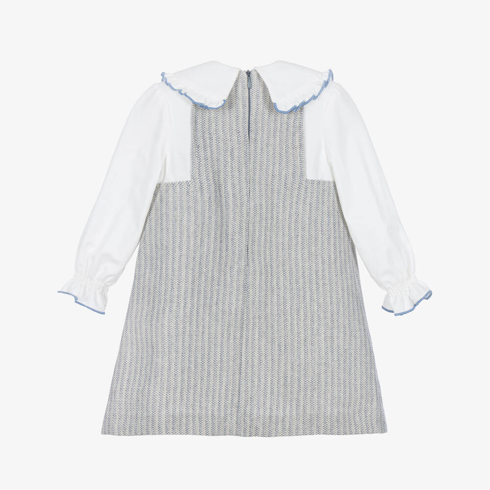 Foque-Girls Grey & Blue Herringbone Cotton Dress | Childrensalon