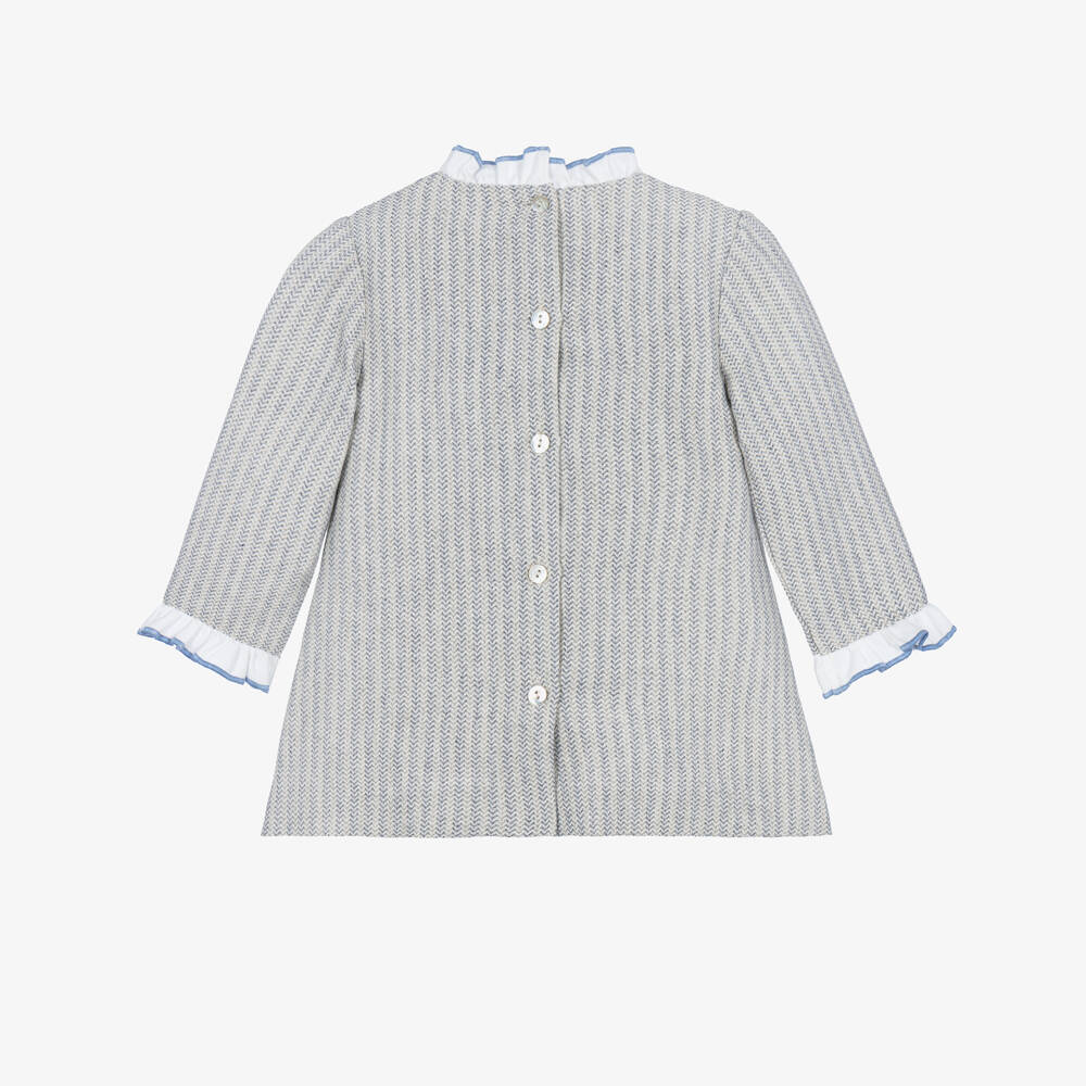 Foque-Girls Grey & Blue Herringbone Frilly Cotton Dress | Childrensalon