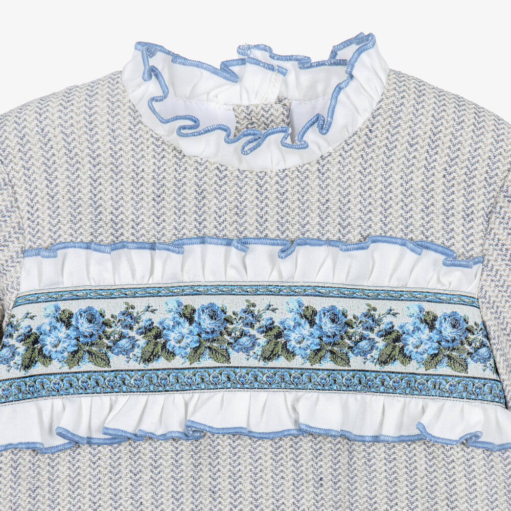 Foque-Girls Grey & Blue Herringbone Frilly Cotton Dress | Childrensalon