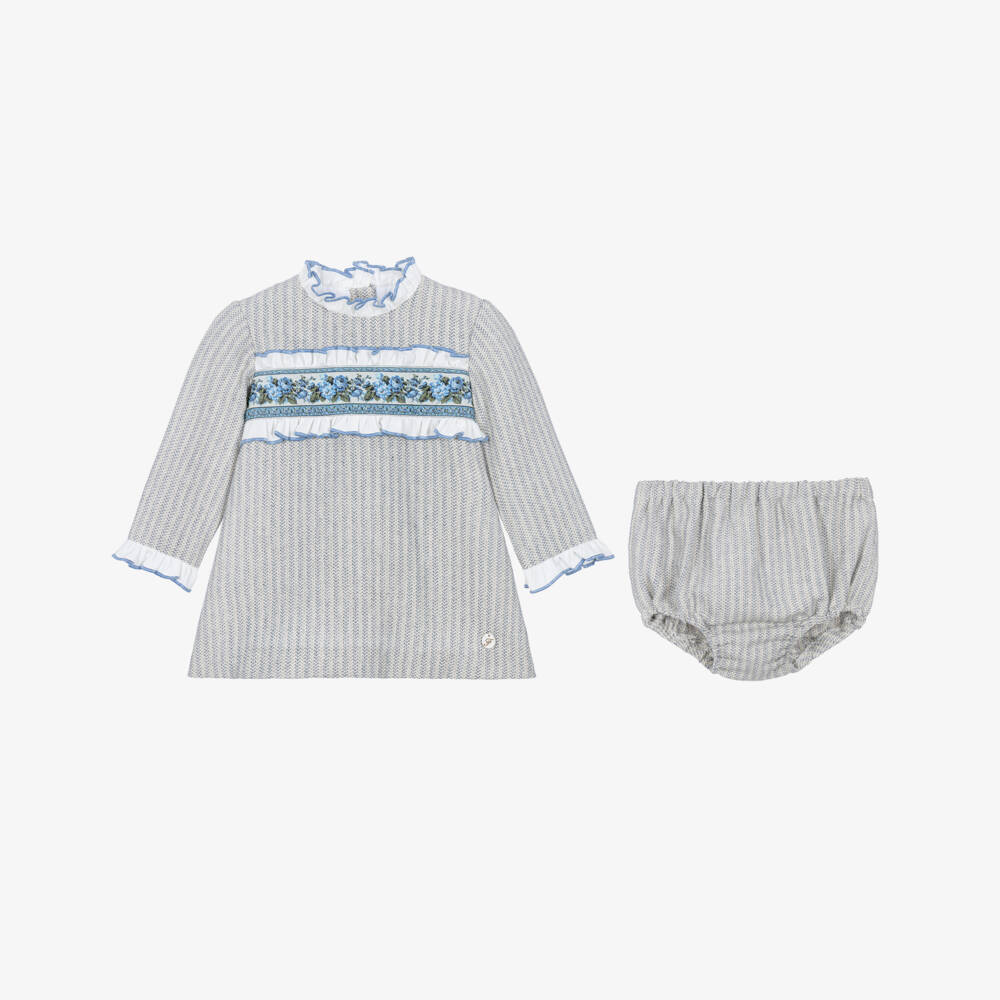 Foque-Girls Grey & Blue Herringbone Frilly Cotton Dress | Childrensalon