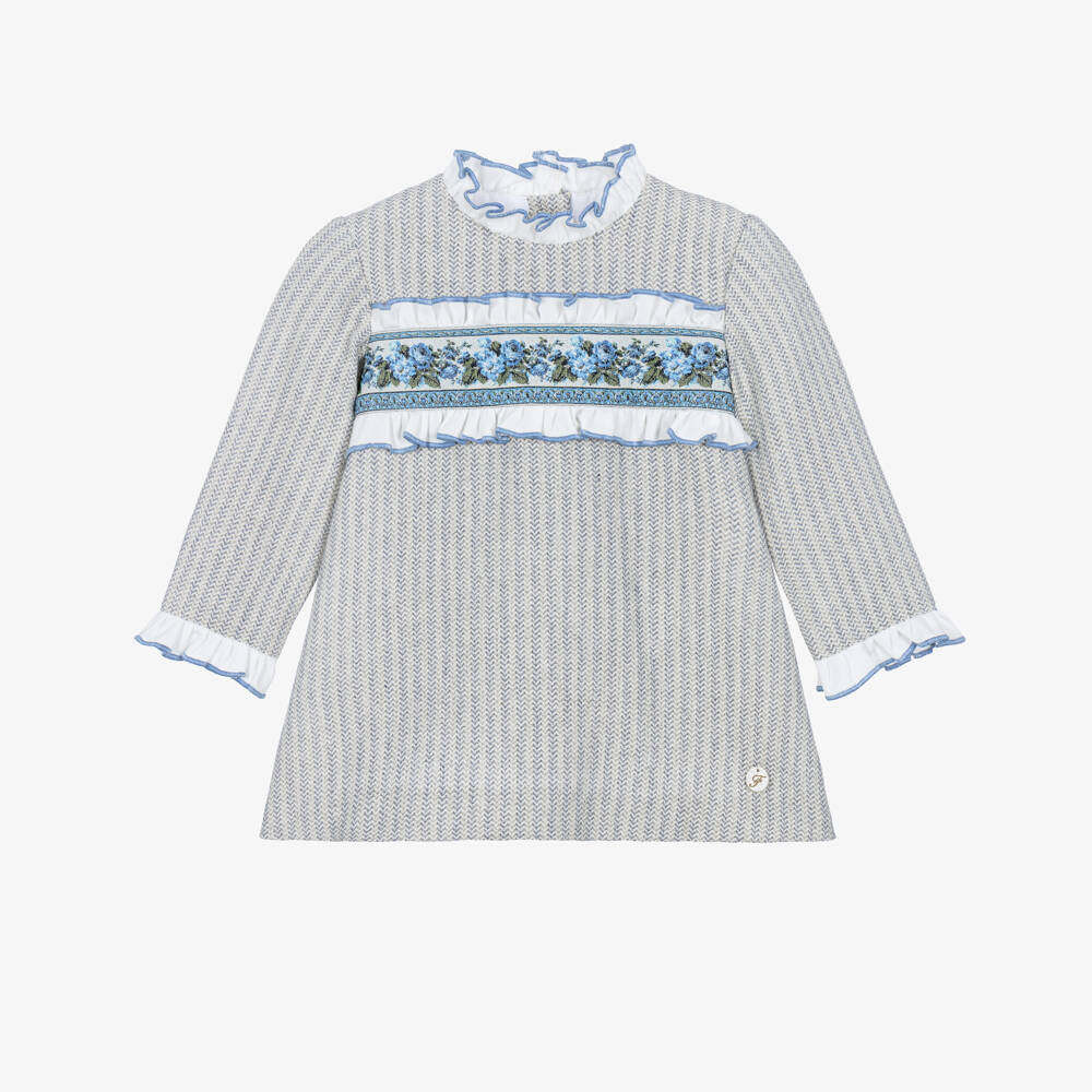 Foque-Girls Grey & Blue Herringbone Frilly Cotton Dress | Childrensalon