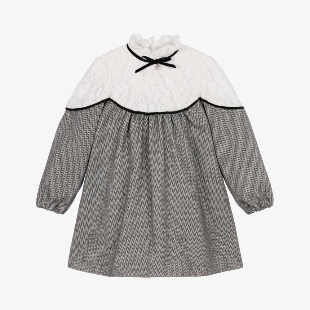 Foque-Girls Grey Herringbone & White Floral Lace Dress | Childrensalon