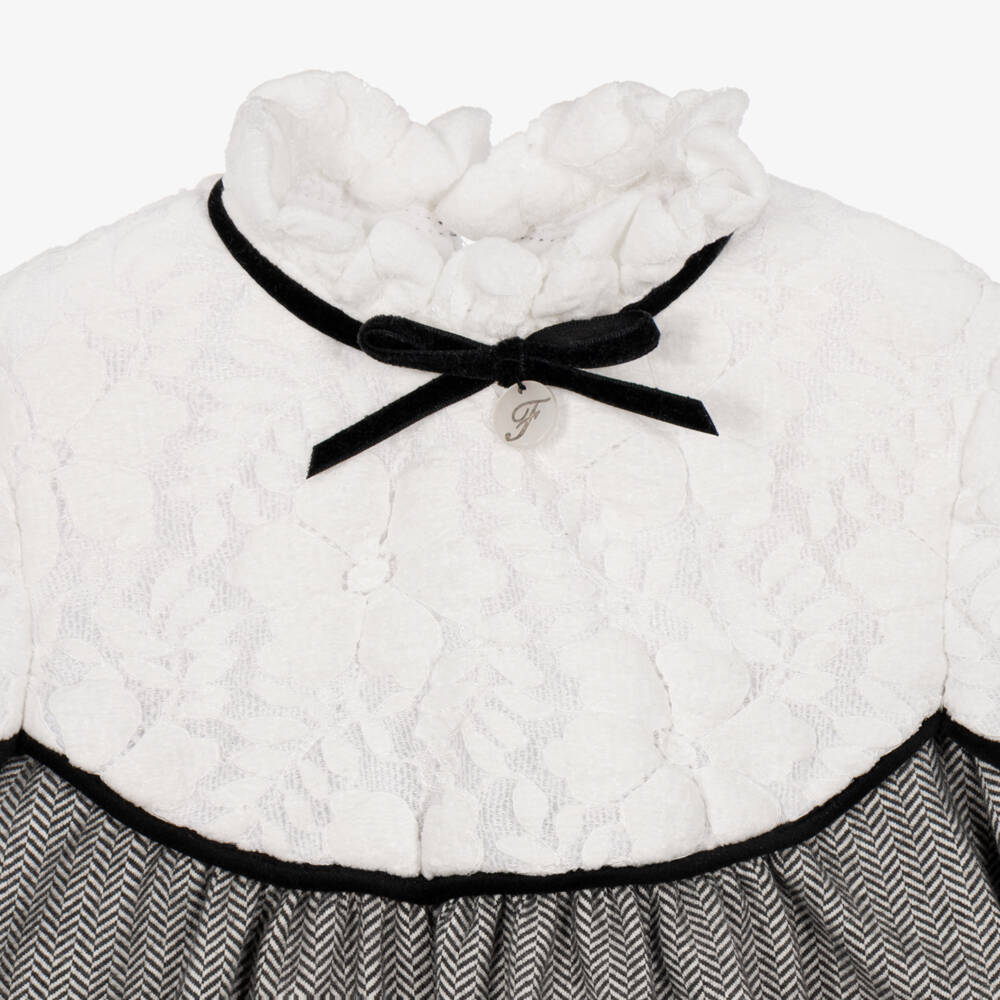 Foque-Girls Grey Herringbone & White Floral Lace Dress | Childrensalon